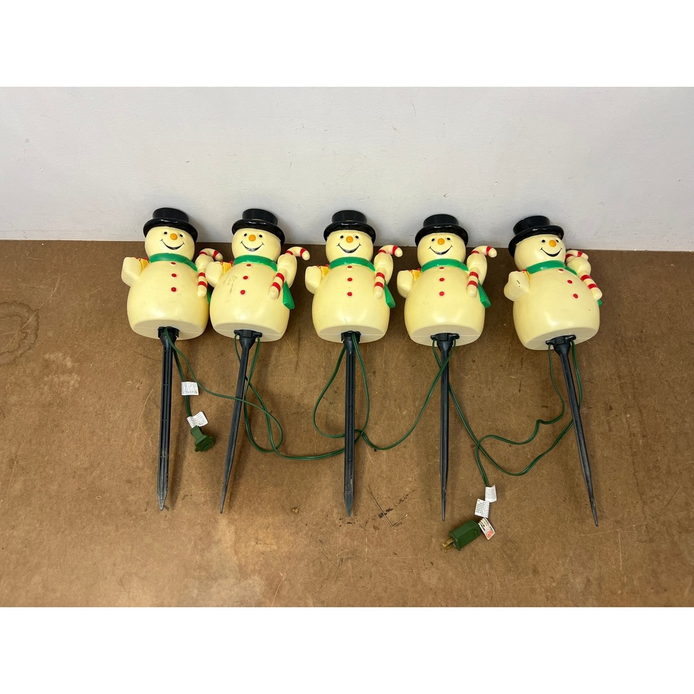 Vintage Blow Mold Snowman Stake Light Set Christmas Yard Decor Pathway Outdoor